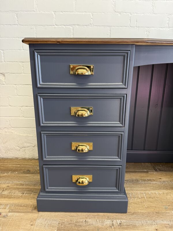 Refurbished Solid Pine Pedestal Desk in Rooster Blue with Warm Stained Top - product images  of 