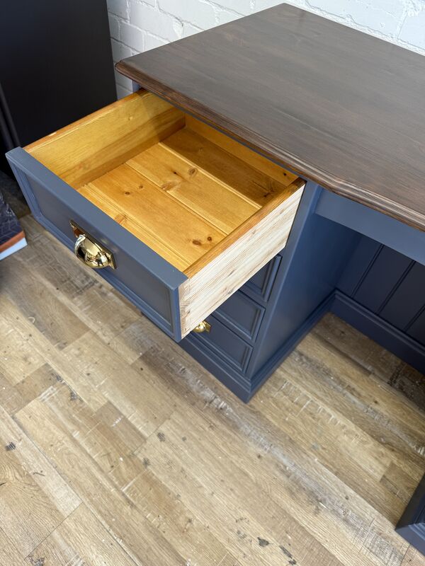 Refurbished Solid Pine Pedestal Desk in Rooster Blue with Warm Stained Top - product images  of 