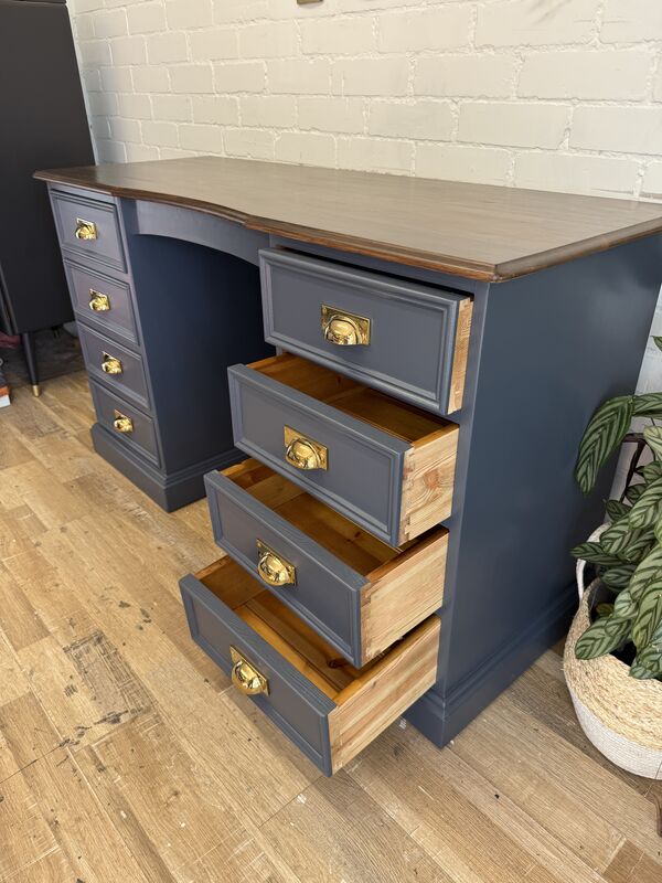 Refurbished Solid Pine Pedestal Desk in Rooster Blue with Warm Stained Top - product images  of 