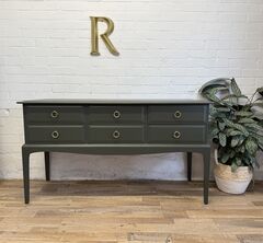 Stag,Minstrel,Console,/,Dressing,Table,in,Fatigue,Green,by,Benjamin,Moore,  stag minstrel, fatigue green, roosters furniture, benjamin moore, green sideboard, console table, hallway table, mid century style, vintage dresser, mcm furniture, painted furniture, brass handles, dressing table
