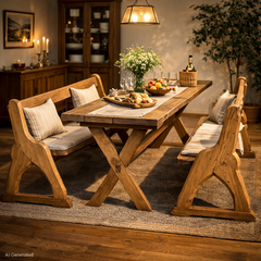 Large,Vintage,Pine,Refectory,Table,With,Two,Pew,Style,Benches