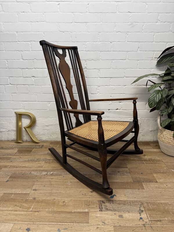 Antique Edwardian Rocking Chair, Cane Seat, Arts &amp; Crafts Armchair, Vintage Spindle Back, Low Seat - product images  of 