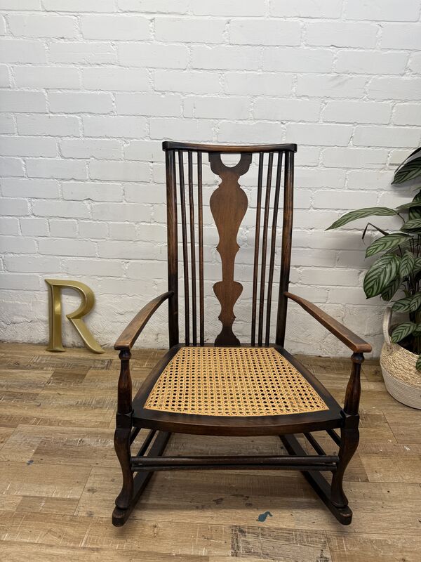 Antique Edwardian Rocking Chair, Cane Seat, Arts &amp; Crafts Armchair, Vintage Spindle Back, Low Seat - product images  of 