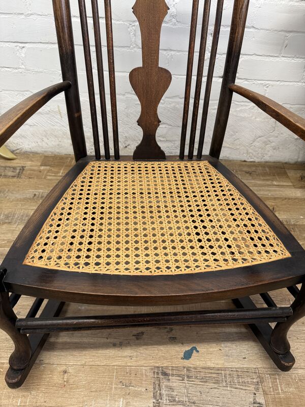 Antique Edwardian Rocking Chair, Cane Seat, Arts &amp; Crafts Armchair, Vintage Spindle Back, Low Seat - product images  of 