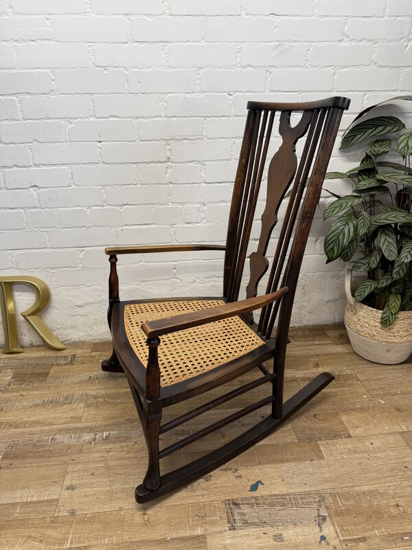 Antique Edwardian Rocking Chair, Cane Seat, Arts &amp; Crafts Armchair, Vintage Spindle Back, Low Seat - product images  of 