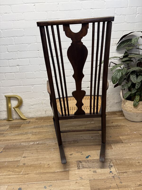 Antique Edwardian Rocking Chair, Cane Seat, Arts &amp; Crafts Armchair, Vintage Spindle Back, Low Seat - product images  of 