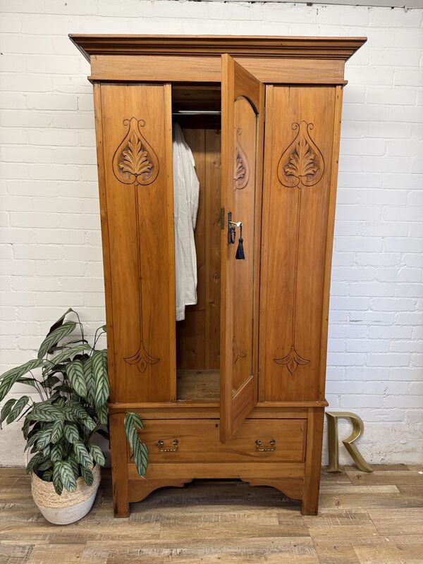 Antique Pine Hallway Wardrobe with Mirror Door | Art Nouveau Style Carved Panels | Edwardian Cupboard - product images  of 