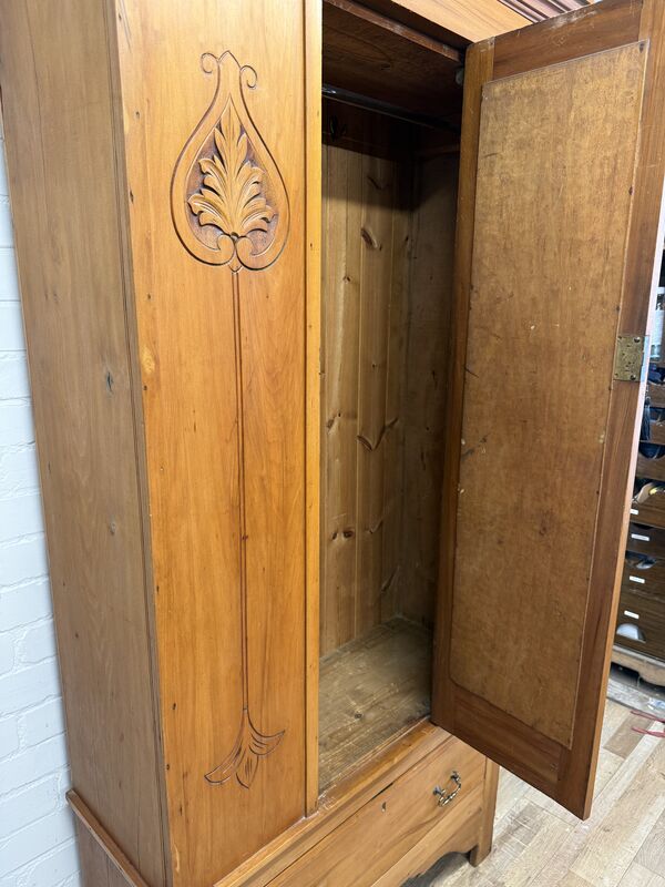 Antique Pine Hallway Wardrobe with Mirror Door | Art Nouveau Style Carved Panels | Edwardian Cupboard - product images  of 