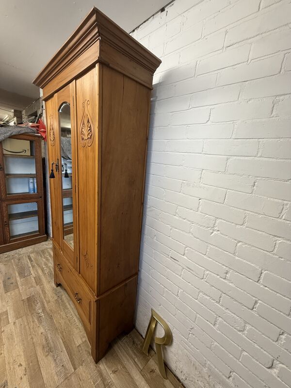 Antique Pine Hallway Wardrobe with Mirror Door | Art Nouveau Style Carved Panels | Edwardian Cupboard - product images  of 