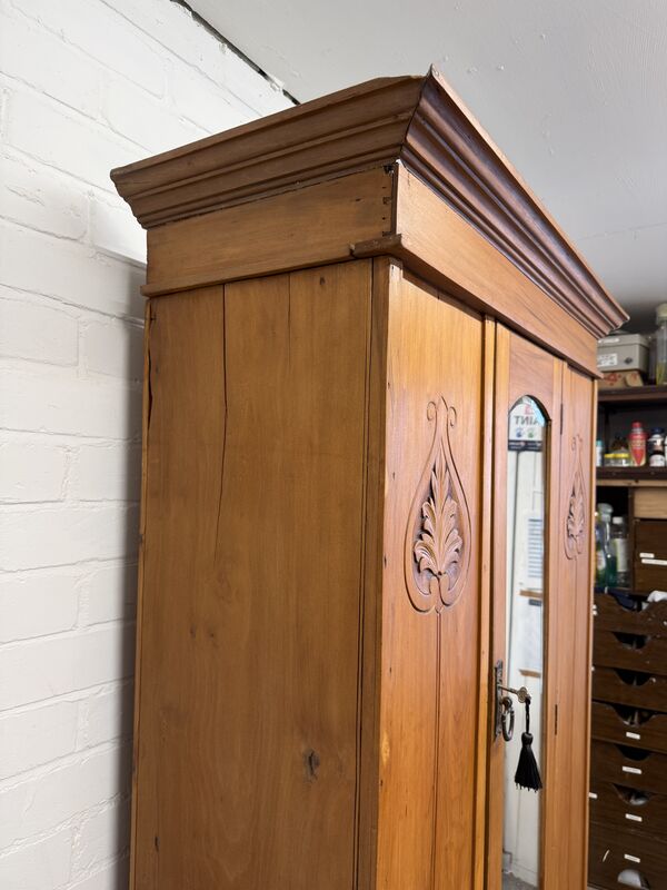 Antique Pine Hallway Wardrobe with Mirror Door | Art Nouveau Style Carved Panels | Edwardian Cupboard - product images  of 