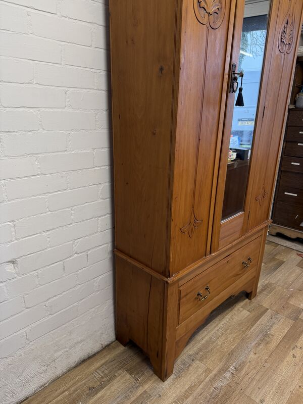 Antique Pine Hallway Wardrobe with Mirror Door | Art Nouveau Style Carved Panels | Edwardian Cupboard - product images  of 