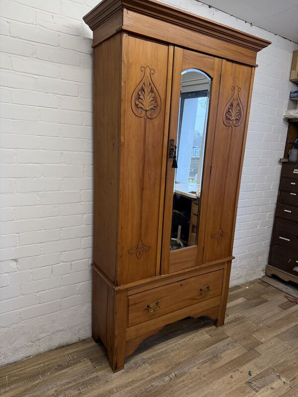 Antique Pine Hallway Wardrobe with Mirror Door | Art Nouveau Style Carved Panels | Edwardian Cupboard - product images  of 