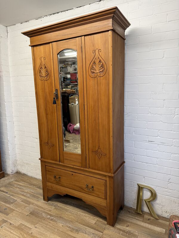 Antique Pine Hallway Wardrobe with Mirror Door | Art Nouveau Style Carved Panels | Edwardian Cupboard - product images  of 