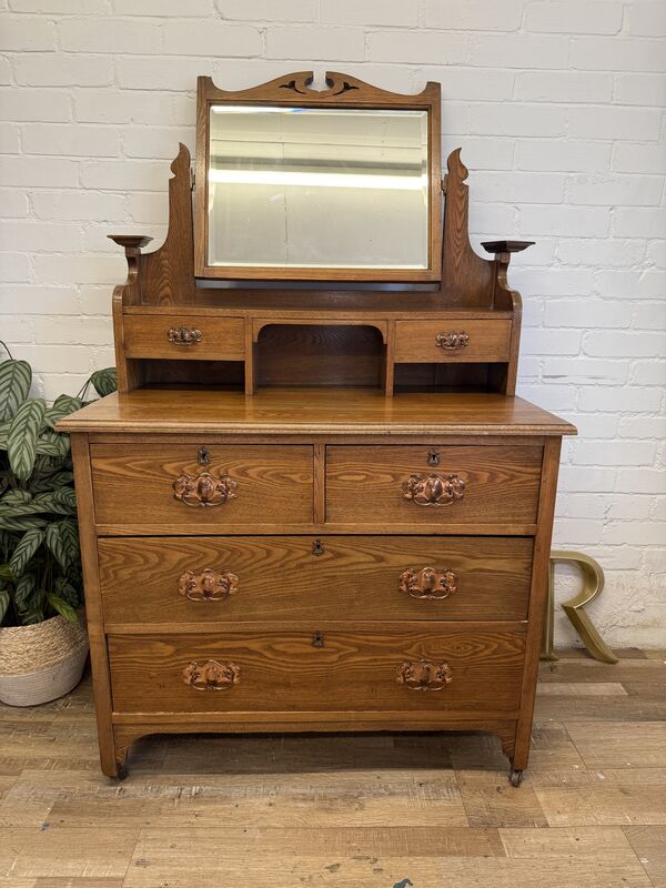 Edwardian Oak Dressing Chest with Tilting Mirror – Arts &amp; Crafts / Art Nouveau Influence - product images  of 