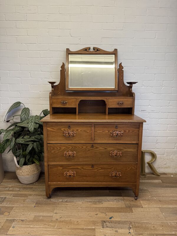 Edwardian Oak Dressing Chest with Tilting Mirror – Arts &amp; Crafts / Art Nouveau Influence - product images  of 