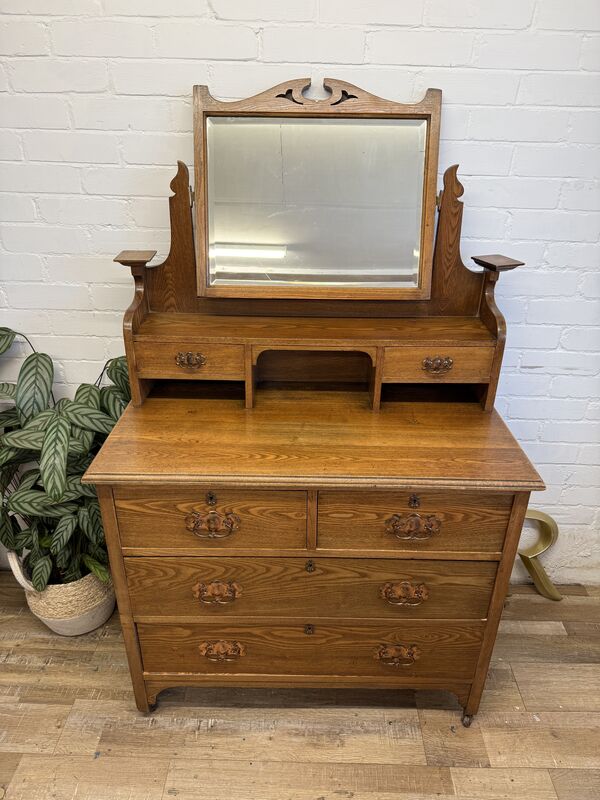 Edwardian Oak Dressing Chest with Tilting Mirror – Arts &amp; Crafts / Art Nouveau Influence - product images  of 