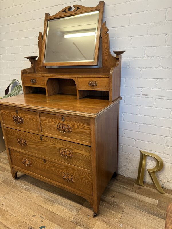 Edwardian Oak Dressing Chest with Tilting Mirror – Arts &amp; Crafts / Art Nouveau Influence - product images  of 