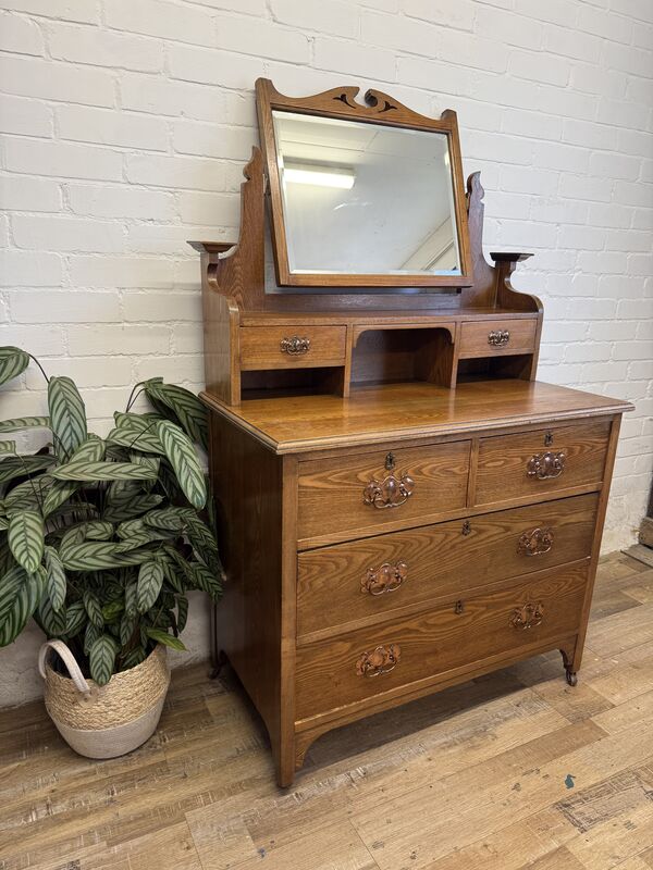 Edwardian Oak Dressing Chest with Tilting Mirror – Arts &amp; Crafts / Art Nouveau Influence - product images  of 