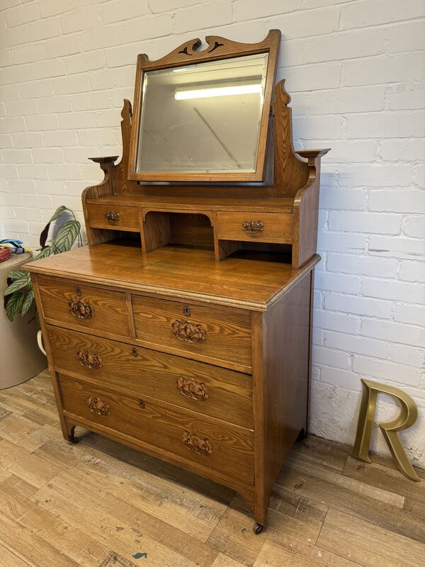 Edwardian Oak Dressing Chest with Tilting Mirror – Arts &amp; Crafts / Art Nouveau Influence - product images  of 