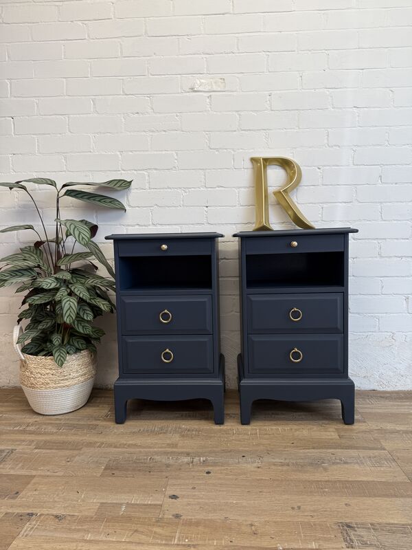 Stag Minstrel Bedside Tables Pair Painted After Midnight Navy | Tall Narrow Nightstands | Mid Century Modern Bedroom Furniture UK - product images  of 