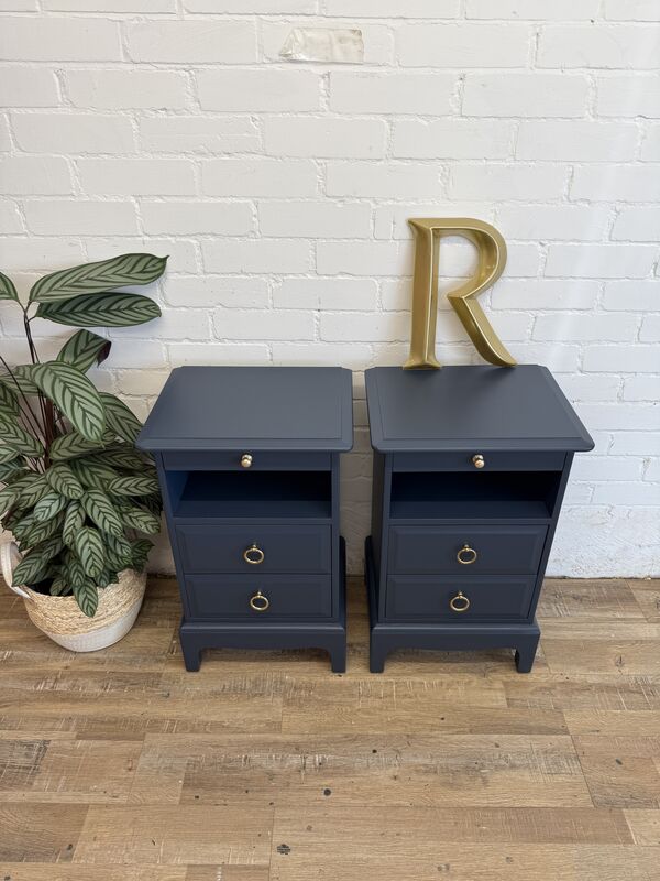 Stag Minstrel Bedside Tables Pair Painted After Midnight Navy | Tall Narrow Nightstands | Mid Century Modern Bedroom Furniture UK - product images  of 