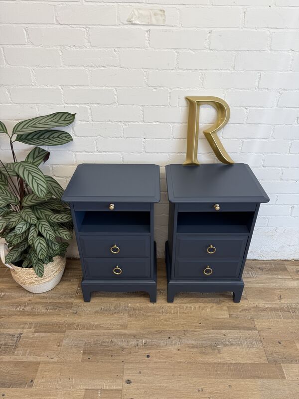 Stag Minstrel Bedside Tables Pair Painted After Midnight Navy | Tall Narrow Nightstands | Mid Century Modern Bedroom Furniture UK - product images  of 