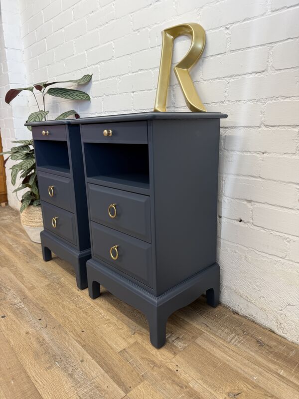 Stag Minstrel Bedside Tables Pair Painted After Midnight Navy | Tall Narrow Nightstands | Mid Century Modern Bedroom Furniture UK - product images  of 