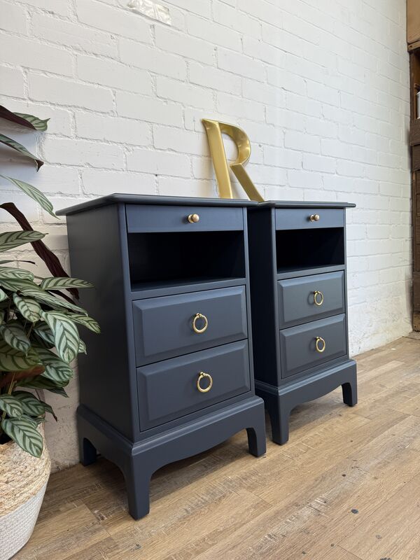 Stag Minstrel Bedside Tables Pair Painted After Midnight Navy | Tall Narrow Nightstands | Mid Century Modern Bedroom Furniture UK - product images  of 