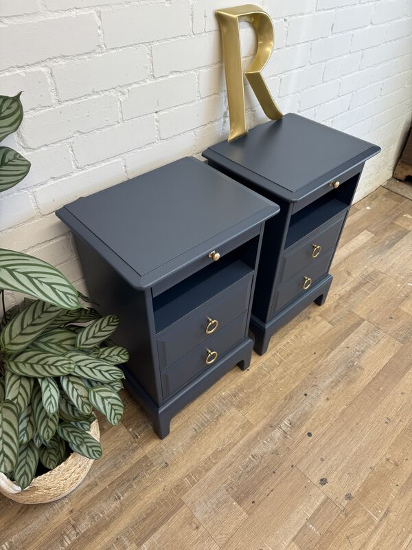 Stag Minstrel Bedside Tables Pair Painted After Midnight Navy | Tall Narrow Nightstands | Mid Century Modern Bedroom Furniture UK - product images  of 