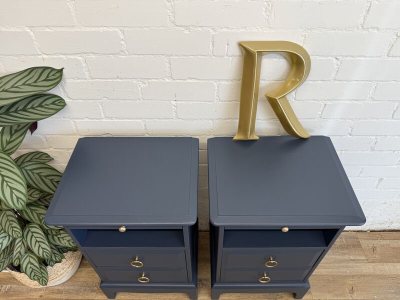Stag Minstrel Bedside Tables Pair Painted After Midnight Navy | Tall Narrow Nightstands | Mid Century Modern Bedroom Furniture UK - product images  of 