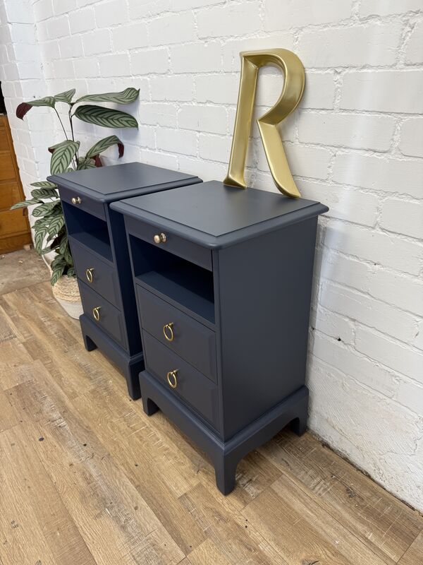 Stag Minstrel Bedside Tables Pair Painted After Midnight Navy | Tall Narrow Nightstands | Mid Century Modern Bedroom Furniture UK - product images  of 