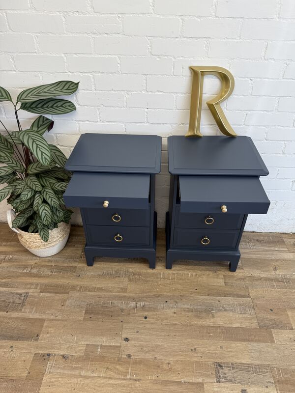 Stag Minstrel Bedside Tables Pair Painted After Midnight Navy | Tall Narrow Nightstands | Mid Century Modern Bedroom Furniture UK - product images  of 