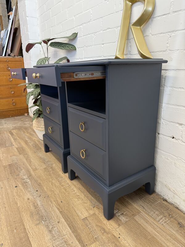 Stag Minstrel Bedside Tables Pair Painted After Midnight Navy | Tall Narrow Nightstands | Mid Century Modern Bedroom Furniture UK - product images  of 