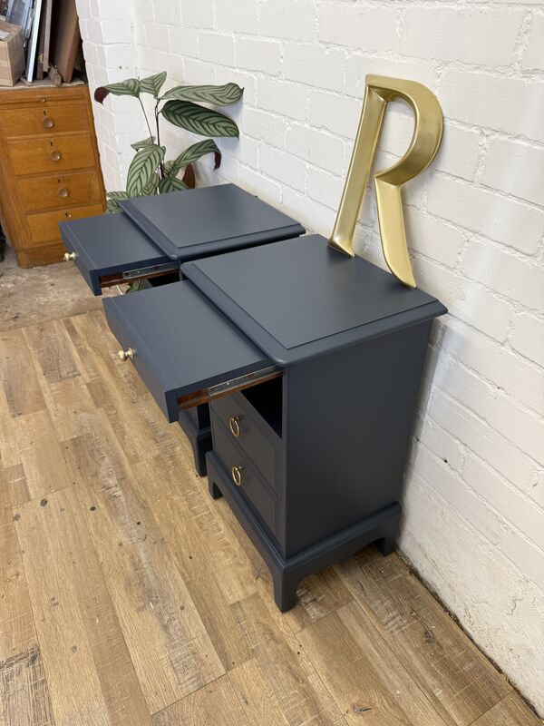 Stag Minstrel Bedside Tables Pair Painted After Midnight Navy | Tall Narrow Nightstands | Mid Century Modern Bedroom Furniture UK - product images  of 