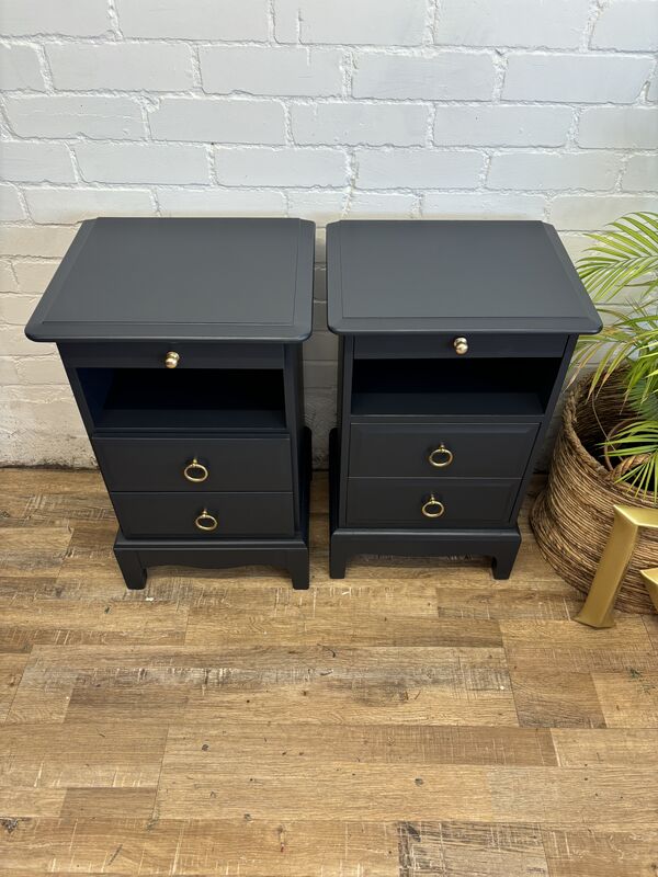 Stag Minstrel Bedside Tables Pair Painted After Midnight Navy | Tall Narrow Nightstands - product images  of 