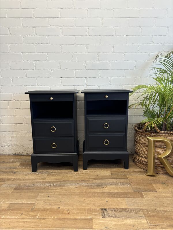 Stag Minstrel Bedside Tables Pair Painted After Midnight Navy | Tall Narrow Nightstands - product images  of 