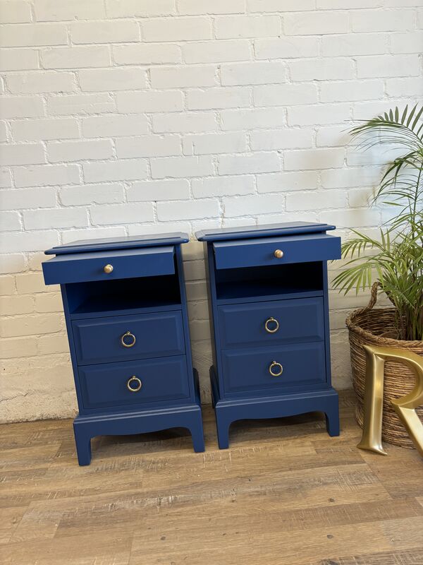Stag Minstrel Bedside Tables Pair Painted Champion Cobalt Blue | Tall Narrow Nightstands - product images  of 