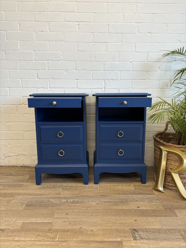 Stag Minstrel Bedside Tables Pair Painted Champion Cobalt Blue | Tall Narrow Nightstands - product images  of 