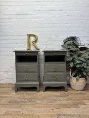 Stag,Minstrel,Bedside,Tables,Pair,Painted,Hornblende,Green,|,Tall,Narrow,Nightstands,Stag Minstrel Bedside Tables Pair Painted Hornblende Green | Tall Narrow Nightstands