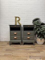 Stag,Minstrel,Bedside,Tables,Pair,Painted,Hornblende,Green,with,Copper,Handles,|,Tall,Narrow,Nightstands,Stag Minstrel Bedside Tables Pair Painted Hornblende Green with Copper Handles | Tall Narrow Nightstands