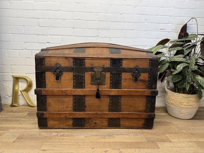 Victorian Domed Pine Travel Trunk | Iron Bound Blanket Box | Antique Treasure Chest with Lift-Out Tray - product images  of 