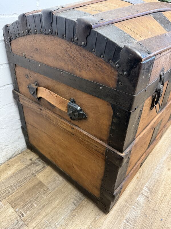 Victorian Domed Pine Travel Trunk | Iron Bound Blanket Box | Antique Treasure Chest with Lift-Out Tray - product images  of 