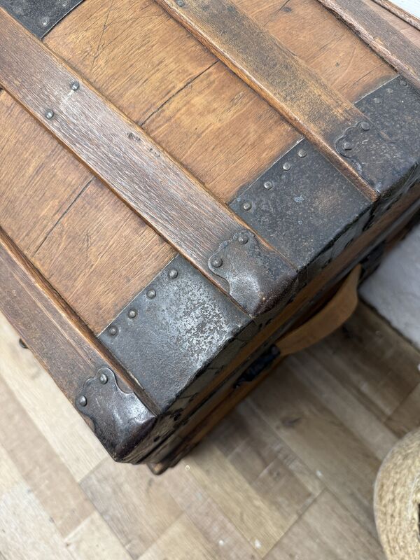 Victorian Domed Pine Travel Trunk | Iron Bound Blanket Box | Antique Treasure Chest with Lift-Out Tray - product images  of 