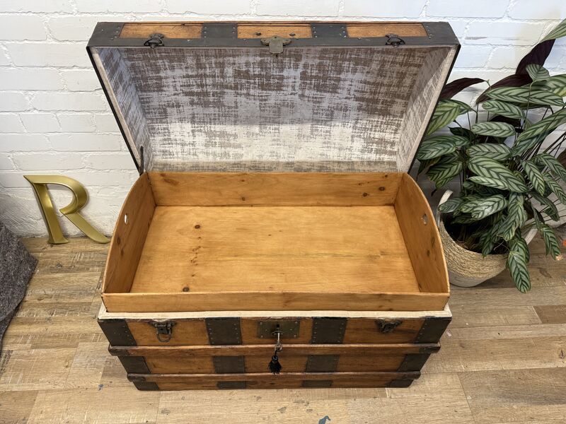 Victorian Domed Pine Travel Trunk | Iron Bound Blanket Box | Antique Treasure Chest with Lift-Out Tray - product images  of 