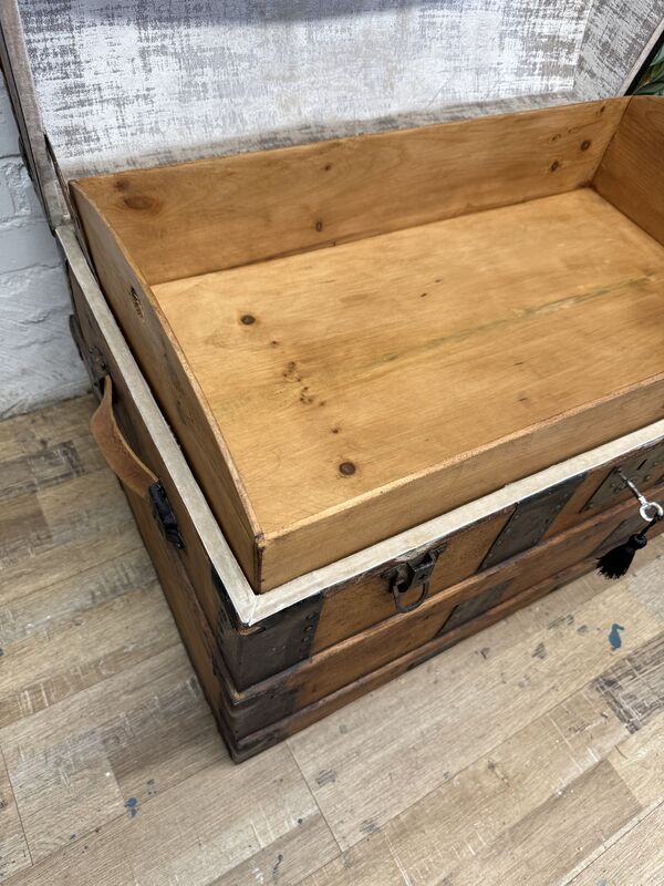 Victorian Domed Pine Travel Trunk | Iron Bound Blanket Box | Antique Treasure Chest with Lift-Out Tray - product images  of 