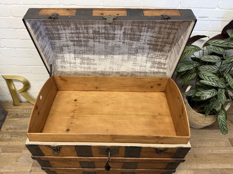 Victorian Domed Pine Travel Trunk | Iron Bound Blanket Box | Antique Treasure Chest with Lift-Out Tray - product images  of 