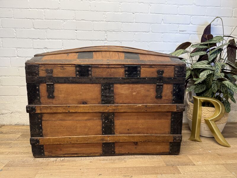 Victorian Domed Pine Travel Trunk | Iron Bound Blanket Box | Antique Treasure Chest with Lift-Out Tray - product images  of 