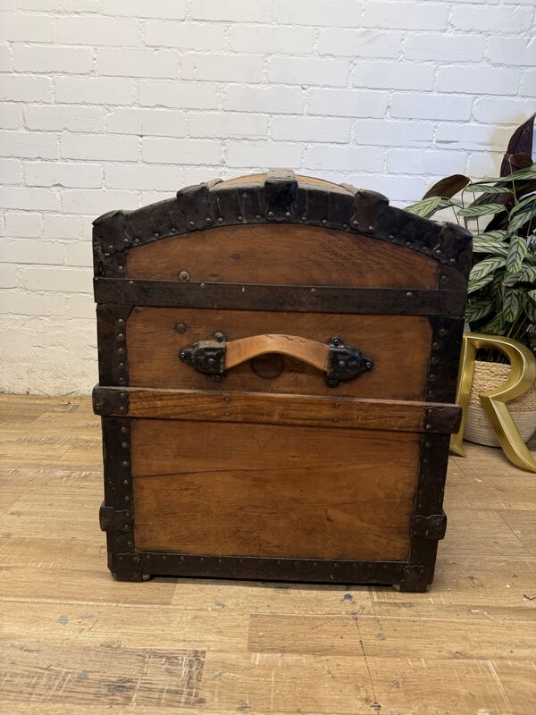 Victorian Domed Pine Travel Trunk | Iron Bound Blanket Box | Antique Treasure Chest with Lift-Out Tray - product images  of 