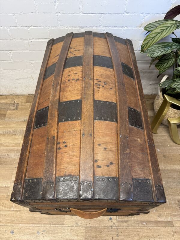 Victorian Domed Pine Travel Trunk | Iron Bound Blanket Box | Antique Treasure Chest with Lift-Out Tray - product images  of 