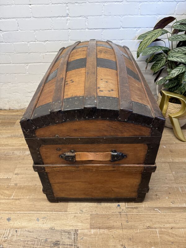 Victorian Domed Pine Travel Trunk | Iron Bound Blanket Box | Antique Treasure Chest with Lift-Out Tray - product images  of 